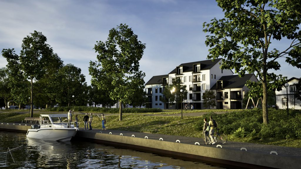 Entisen kaupungintalon tontille suunniteltu puukerrostalo joelta katsottuna.