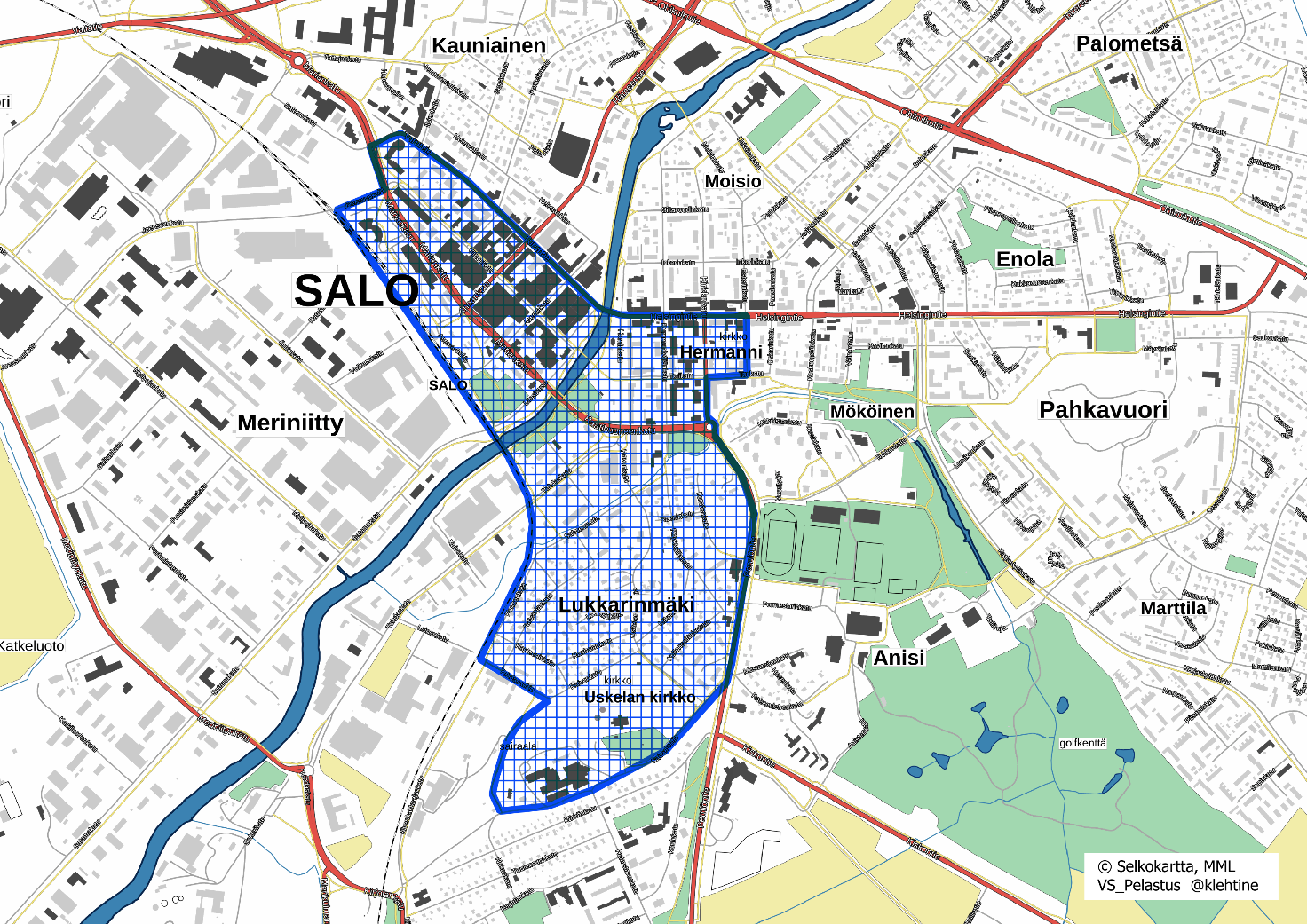 Salon keskustassa kieltoalue rajautuu seuraaviin katuihin: Turuntie – Mariankatu – Joensuunkatu – rautatie – Tehdasaukio – Papinkuja – Sairaalatie – Perniöntie – Kirkkokatu – Torikatu – Esterinkatu – Turuntie.
