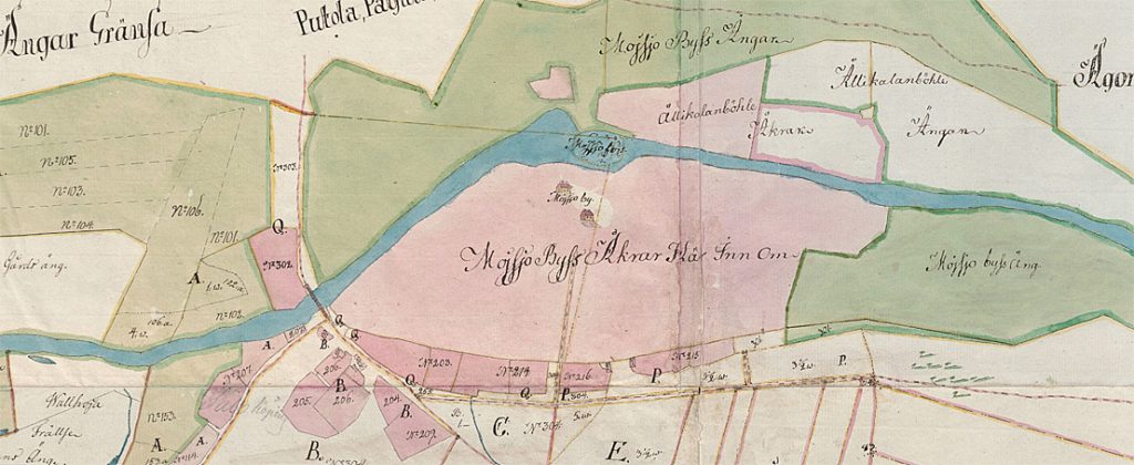 Moision kylän alueet vuosien 1782–1791 isojakokartassa. Nykyisen keskustan kohdilla on Joensuun kartanon niitty, Valhojan rälssitalon niitty ja Mököisten kylän maita.