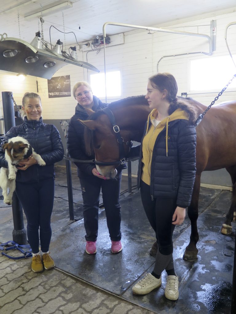 Karoliina Nieminen ja koira Hjallis Harkimo, Onnenperän tallin omistaja Riitta Kilpiö, hevonen Lempi sekä Lempin omistaja Isla Thomas Koivumäen tallin avoimissa ovissa.