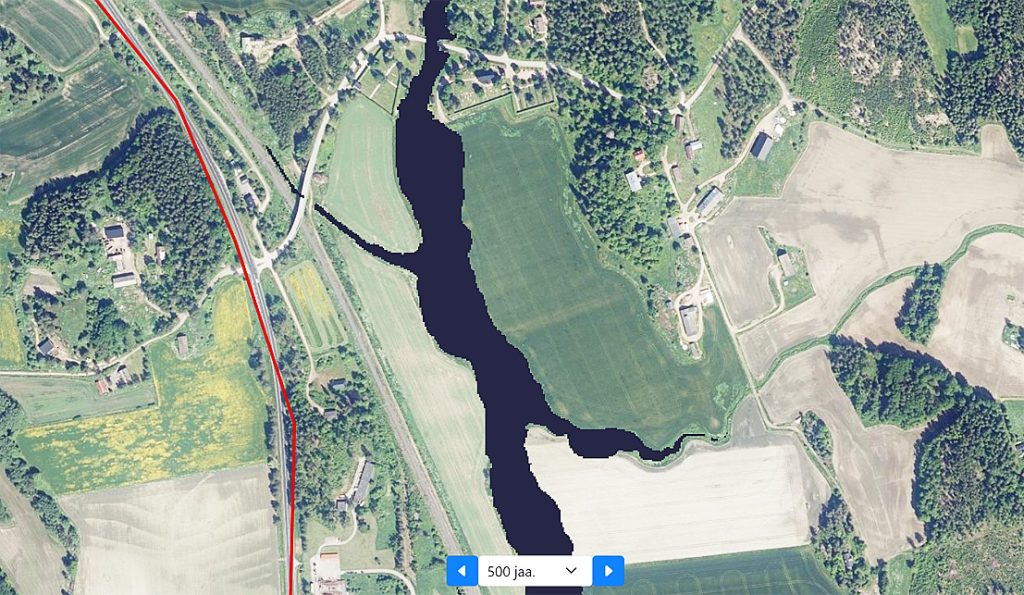 Entistä rantaviivaa Perniön Arpalahden ja Yliskylän kohdalla keskisellä rautakaudella 500 jaa. Ortokuva ja maannousukartta sivustolta muinaismuistot.info.