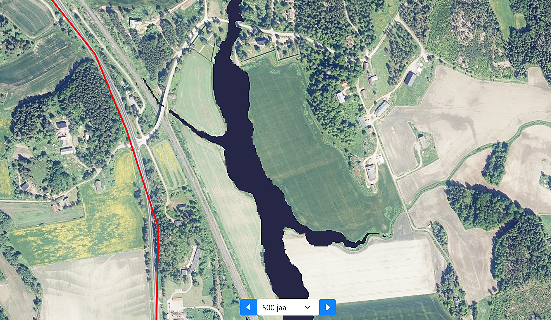 Entistä rantaviivaa Perniön Arpalahden ja Yliskylän kohdalla keskisellä rautakaudella 500 jaa. Ortokuva ja maannousukartta sivustolta muinaismuistot.info.